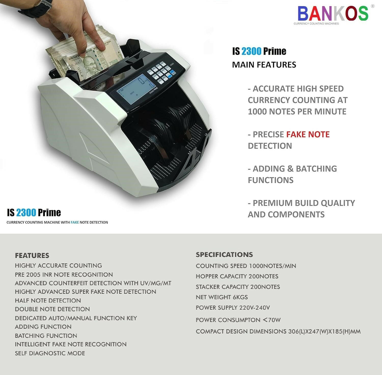 Bankos- IS2300 Prime Note Counting Machine with Fake Note Detection - Perfect Computer Agencies